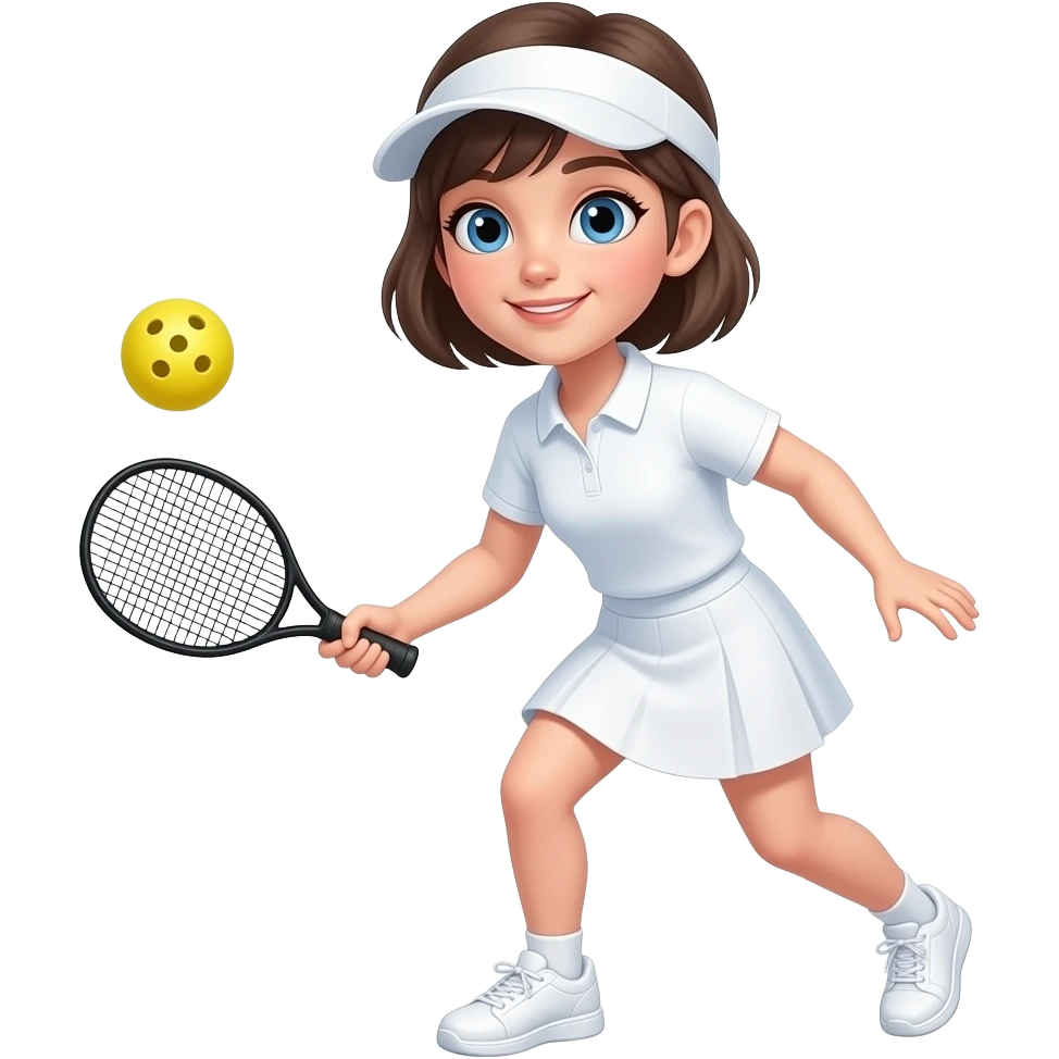 short haired blue eyed girl wearing sun visor, white polo shirt, white skirt, and playing pickleball with plain black foam paddle, yellow pickleball 10 holes,  and white snickers emoji