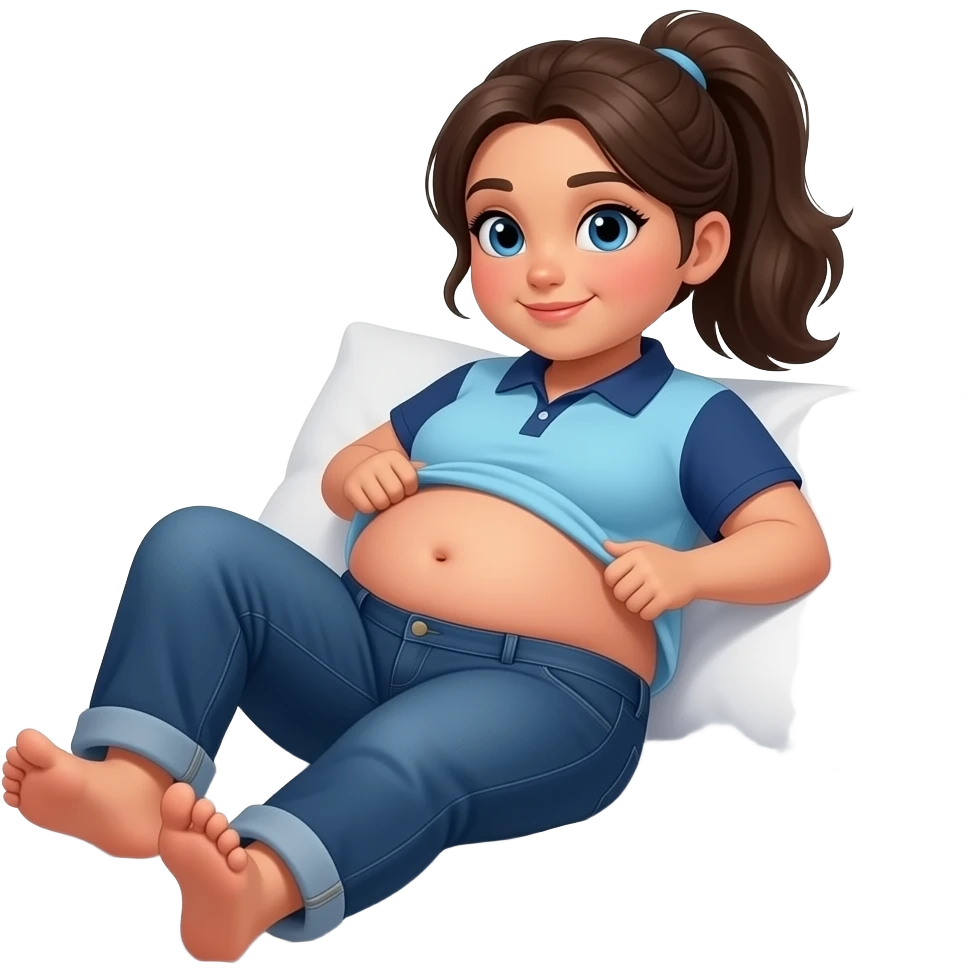 Obese Hispanic girl with brown ponytail blue eyes and light blue and dark blue polo dark blue baggy jeans laying down on bed showing her feet lifting her shirt up showing her chubby belly button emoji