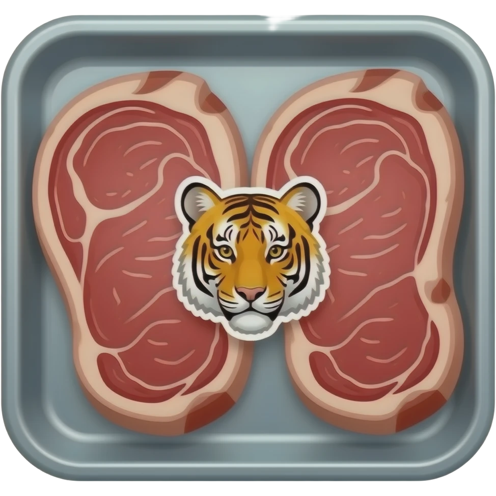 a tray of steaks with a tiger sticker on it emoji