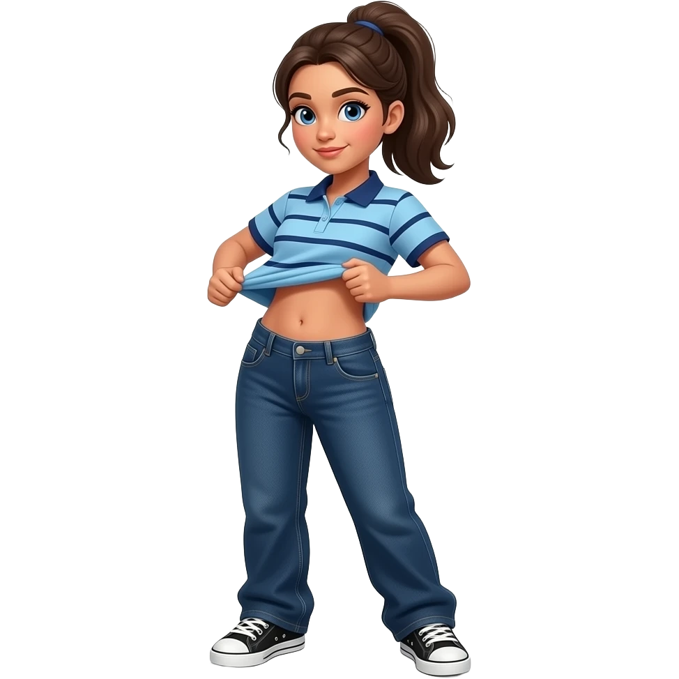 Hispanic girl with brown ponytail and blue eyes light blue dark blue lined polo and dark blue baggy jeans and belly button and black and white sneakers lifting her shirt funny belly trick emoji