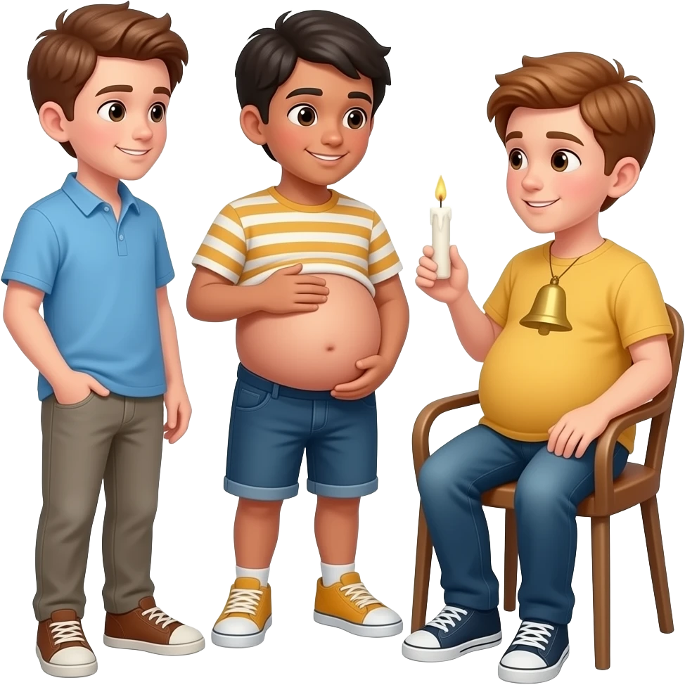 Są trzy chłopcy mają 14 lat i są w ciąży któryś z nich ma trzy brzuchu i świecą na krześle i rozmawiają emoji