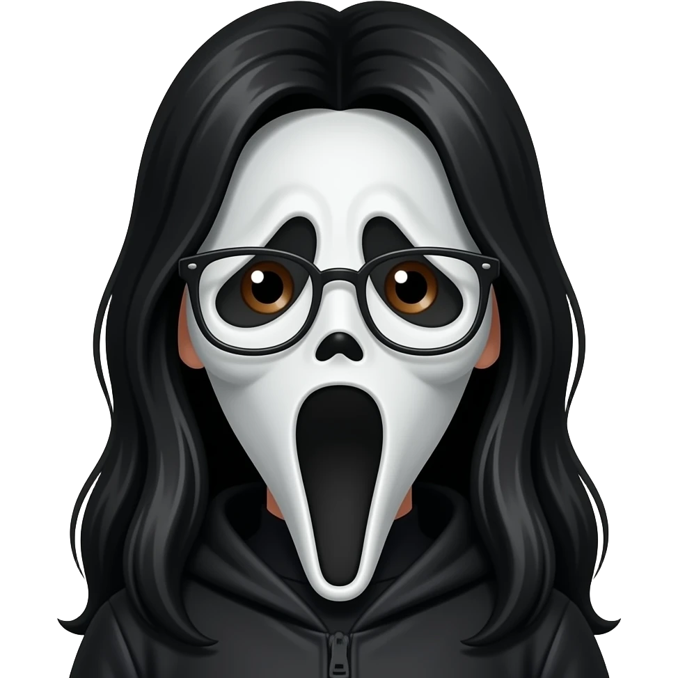 Girl with long black hair and brown eyes and glasses with Ghostface doll emoji