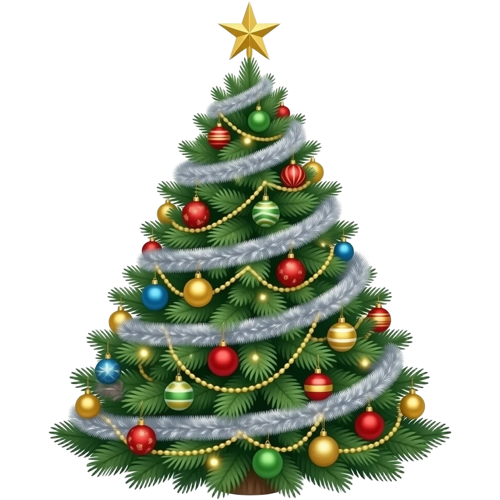 Highly detailed Christmas tree with ornaments, and silver and gold garland emoji