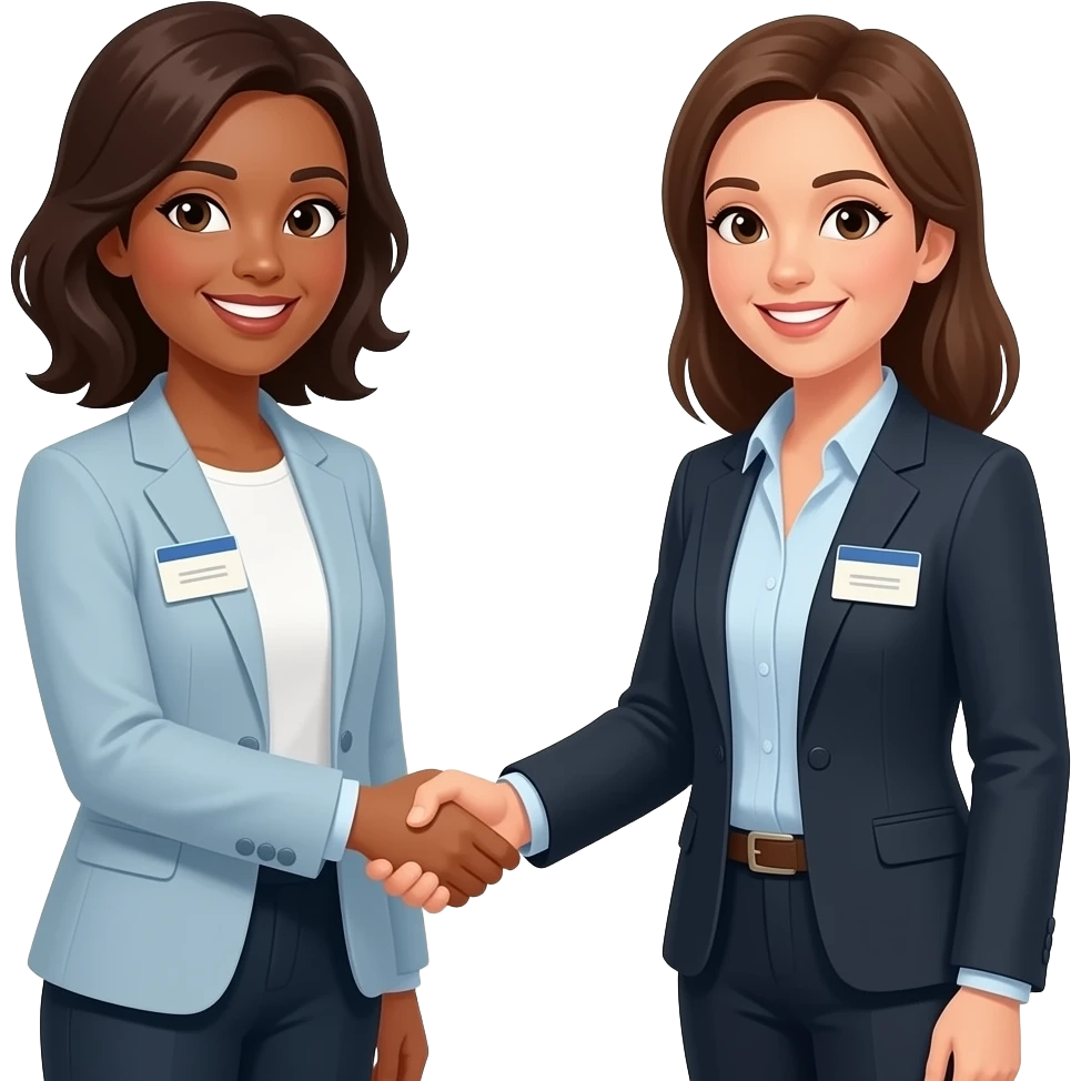 Two women meeting at a networking event shaking hands and that have name tags on their right chest or shoulder emoji