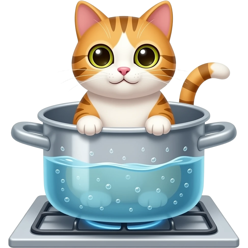 cat in a pot on the stove with boiling water emoji