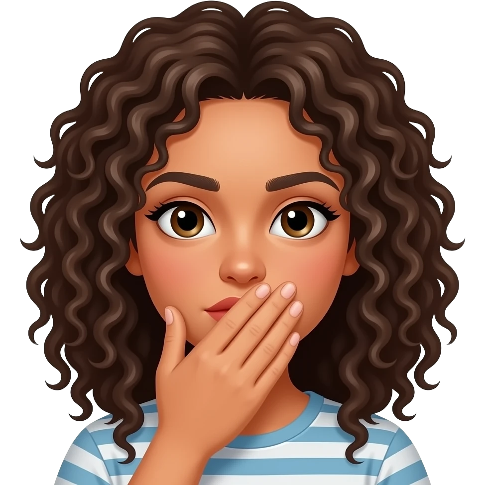 emoji de una chica con el pelo rizado de piel clara tapandose la boca con la mano y cara de niña mala emoji