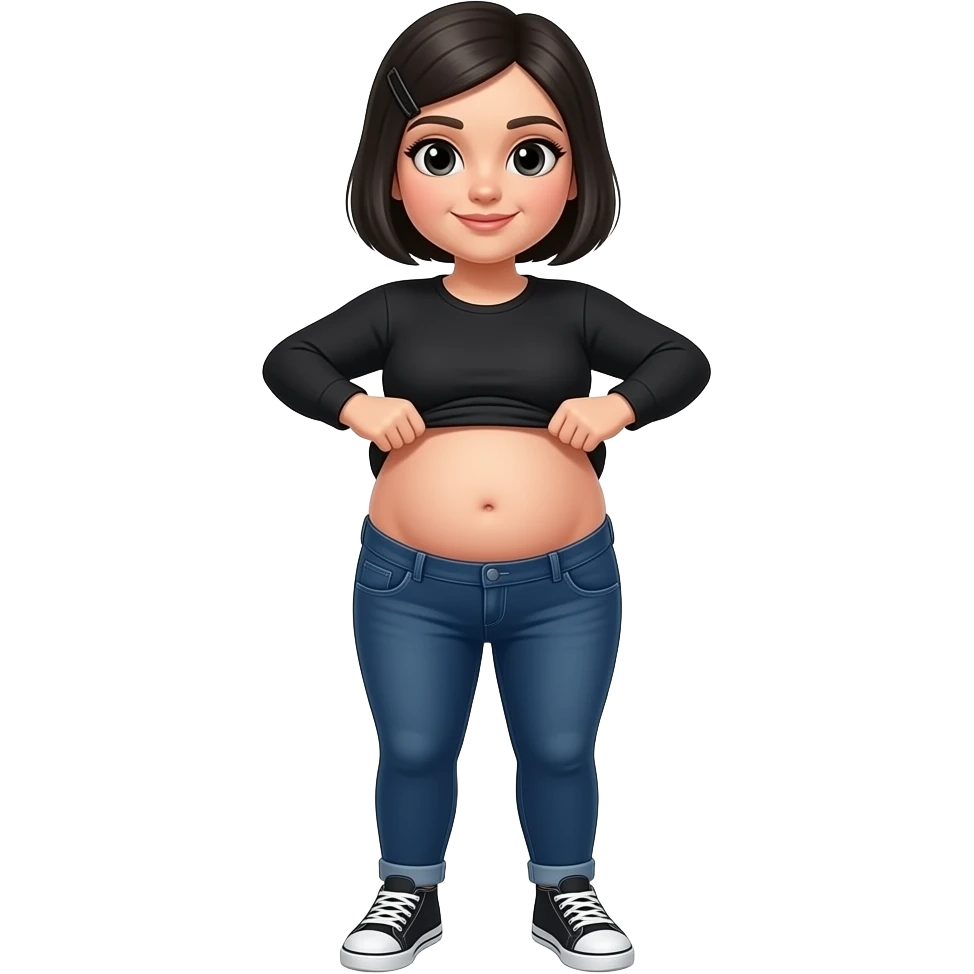 White woman with black short hair, white hair clip on the left of her hair, plain black long sleeve shirt, dark blue jeans, white and black sneakers, and a chubby body lifting her shirt to show her clean chubby belly emoji