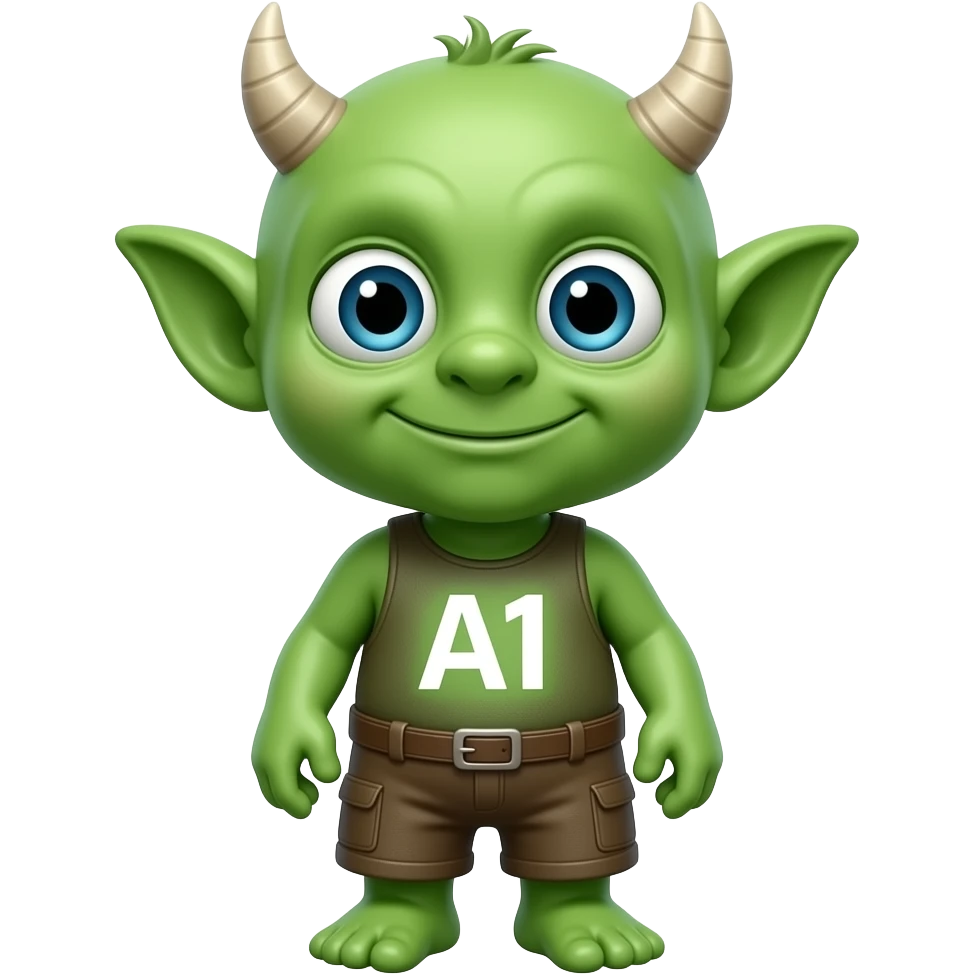 benefical green AI goblin, all body, innocent aspect, NO HORNS, funny appearance emoji