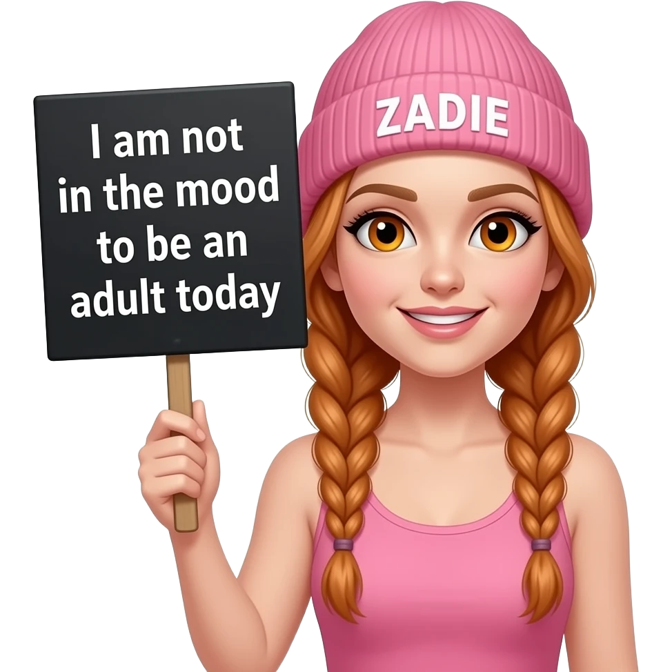 sexy girl with overlong ginger braids and ginger eyes wearing a pink tanktop and a pink beanie with ZADIE written on it, is holding a black sign with Mir ist HEUTE nicht nach ERWACHSEN sein  on it emoji