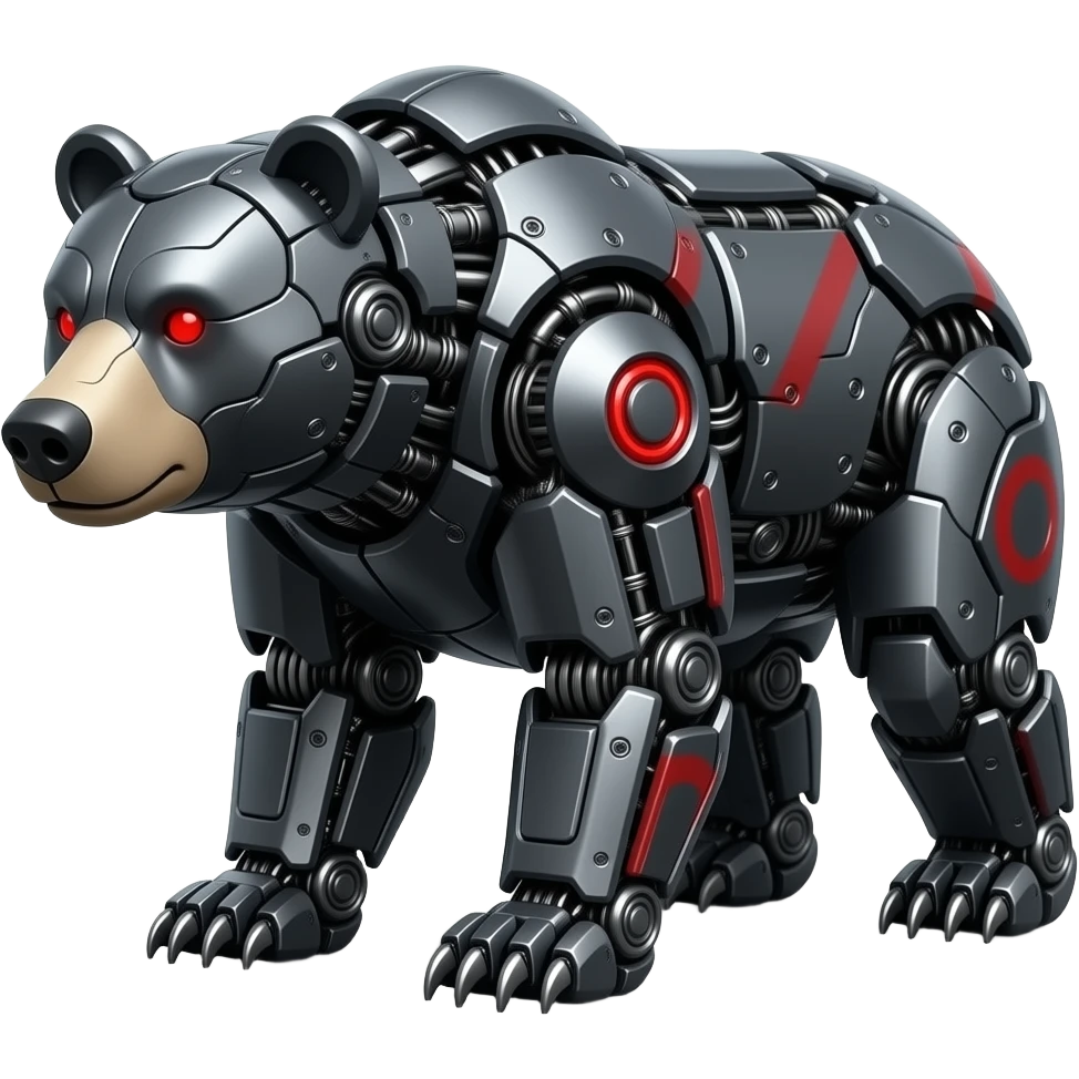 Completely mechanical grizzly bear, Hyper realistic, made of dark gray metal everywhere, with red markings on it's body and red eyes emoji