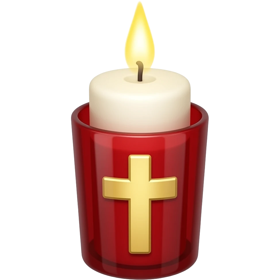tall red glass Greek Orthodox vigil candle with small gold cross  make glass red and candle white emoji