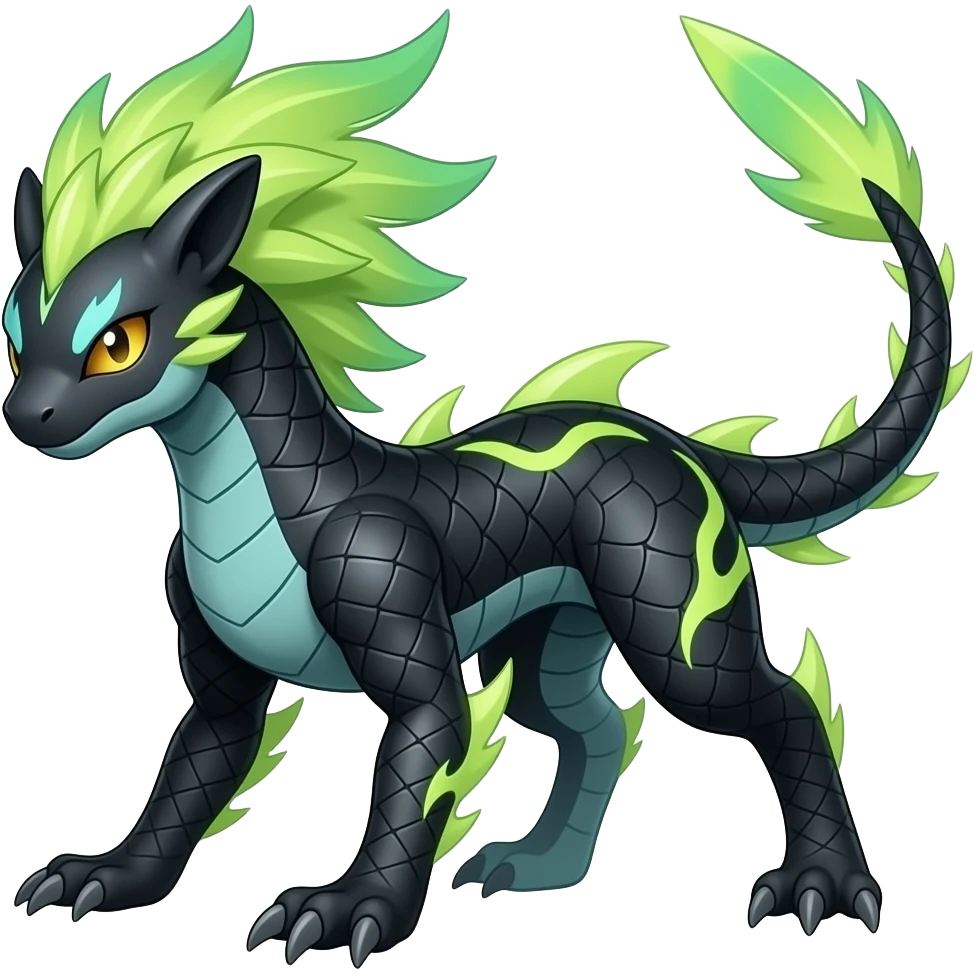 Cool edgy fiery magnetic black-scaled with neon-cyan stripe markings digitigrade bipedal futuristic raptorik fantasy-Cyberpunk-Steampunk-Solarpunk-Genesect-Salamence-Cyclizar-Salazzle-Feraligatr-Fakémon-animal-hybrid, with neon feather-mane, and a tail blade, back spikes, full body emoji