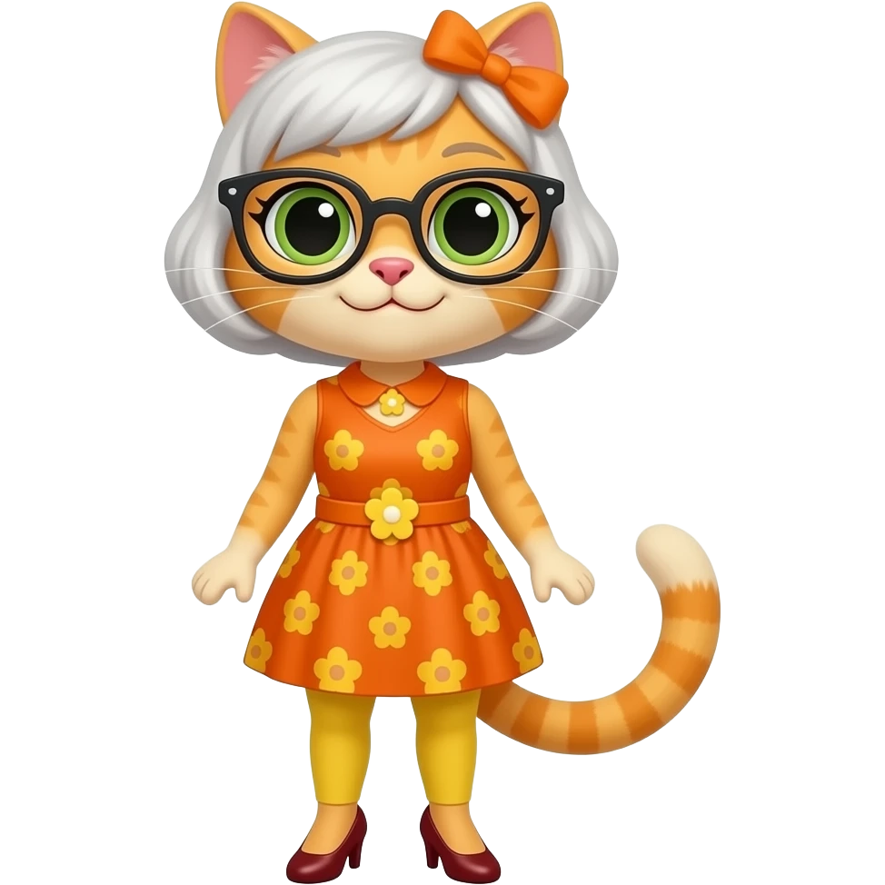 Mrs.Kat(Wolfoo's Teacher(Orange-Yellow Mother Cat Of Kat(With Orange Short Dress With Yellow Flowers Without Plants Without Sleeves With Tiny Orange Belt With Yellow Flowers Without Plants, Dark Red High Heels Shoes, Black Eyeglasses And Visible Yellow Shorts(Like Leggings)))) emoji