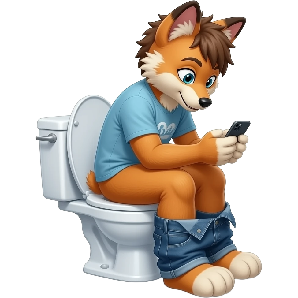 fursuit sitting on toilet, side view, pants down, looking down at phone emoji