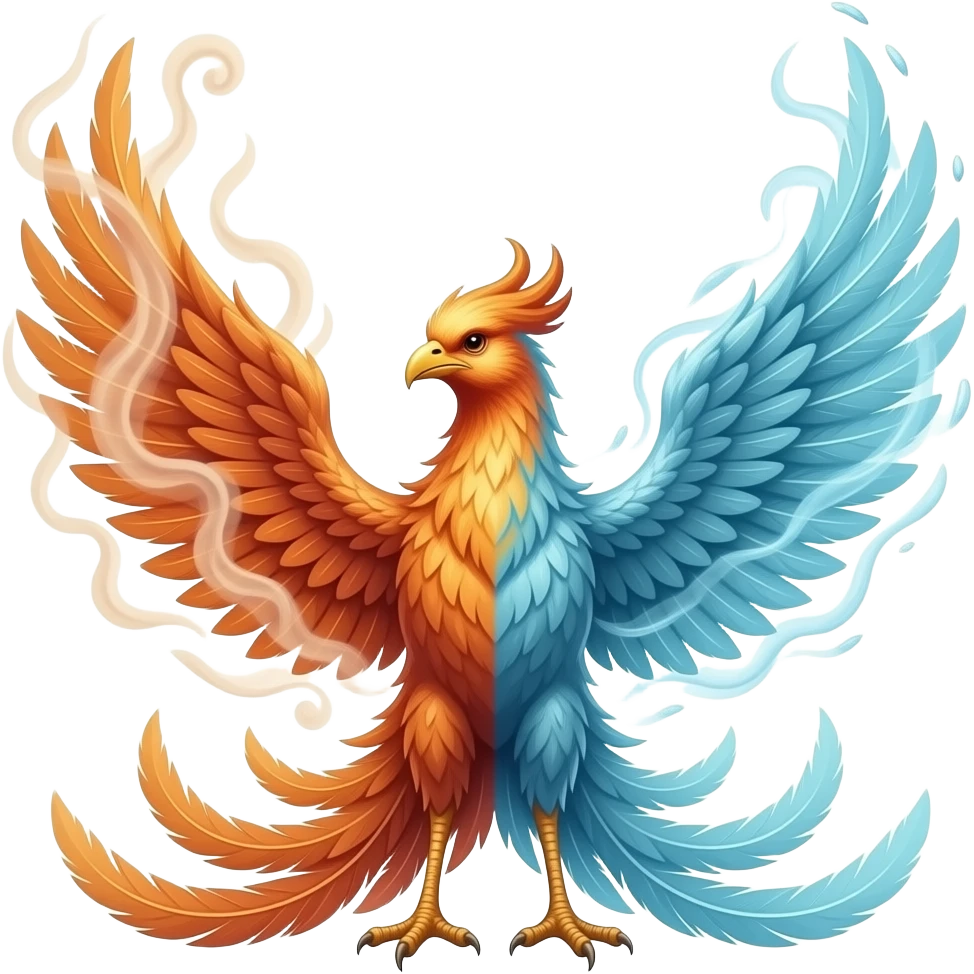 A phoenix with long tail feathers made of smoke on one side and water on the other side facing the camera emoji
