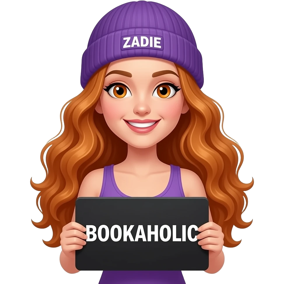 sexy girl with overlong wavy ginger hair and ginger eyes wearing a purple tanktop and a purple beanie with ZADIE written on it, is holding a black sign with BOOKAHOLIC written on it emoji