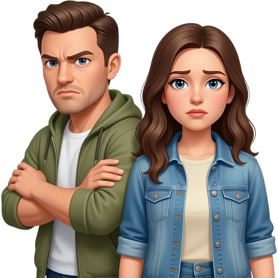 upset defensive guy, looking back over his shoulder,  protecting poor humble young woman, she has neutral face expression, both wearing street casual clothes emoji