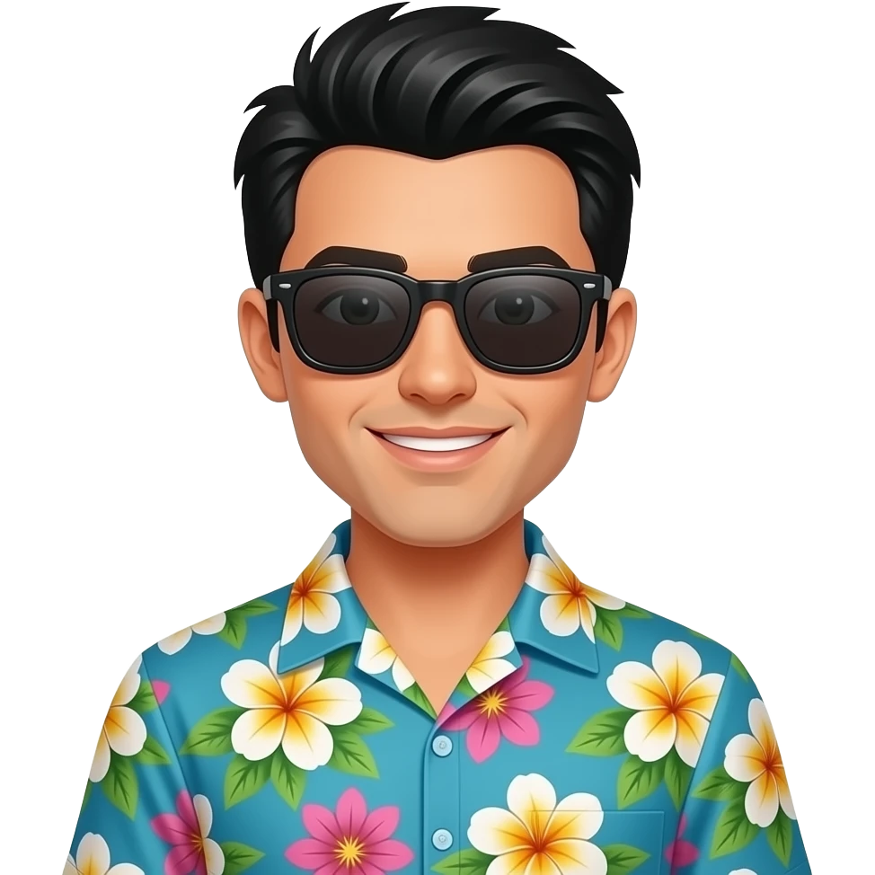 black hair surfer with Hawaii shirt wearing sunglasses emoji