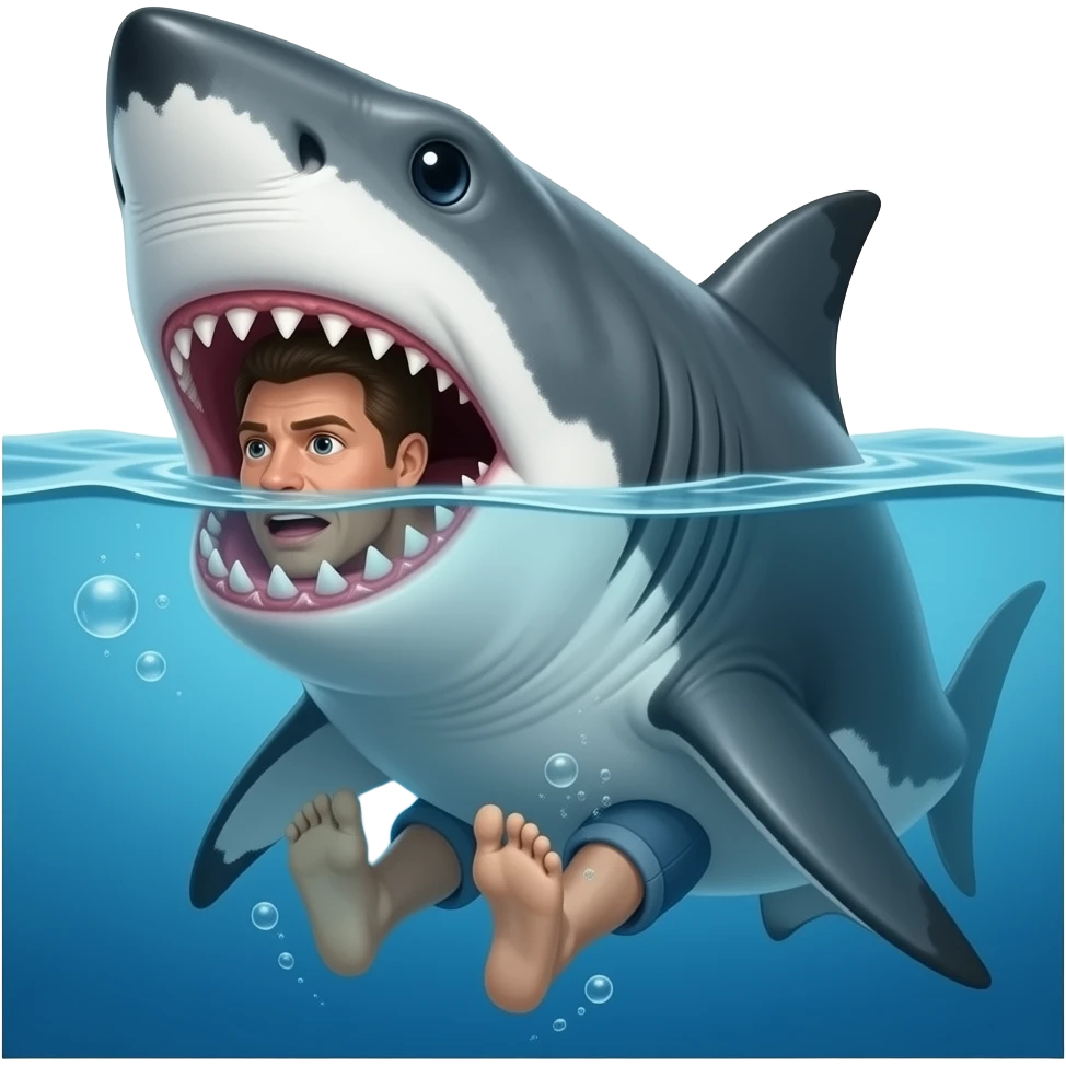Genérame una imagen en la que abajo del agua esté un tiburón comiendo a una persona pero que solo salgan los pies por la boca del tiburón haciendo referencia que ya se tragó casi la mitad del cuerpo emoji
