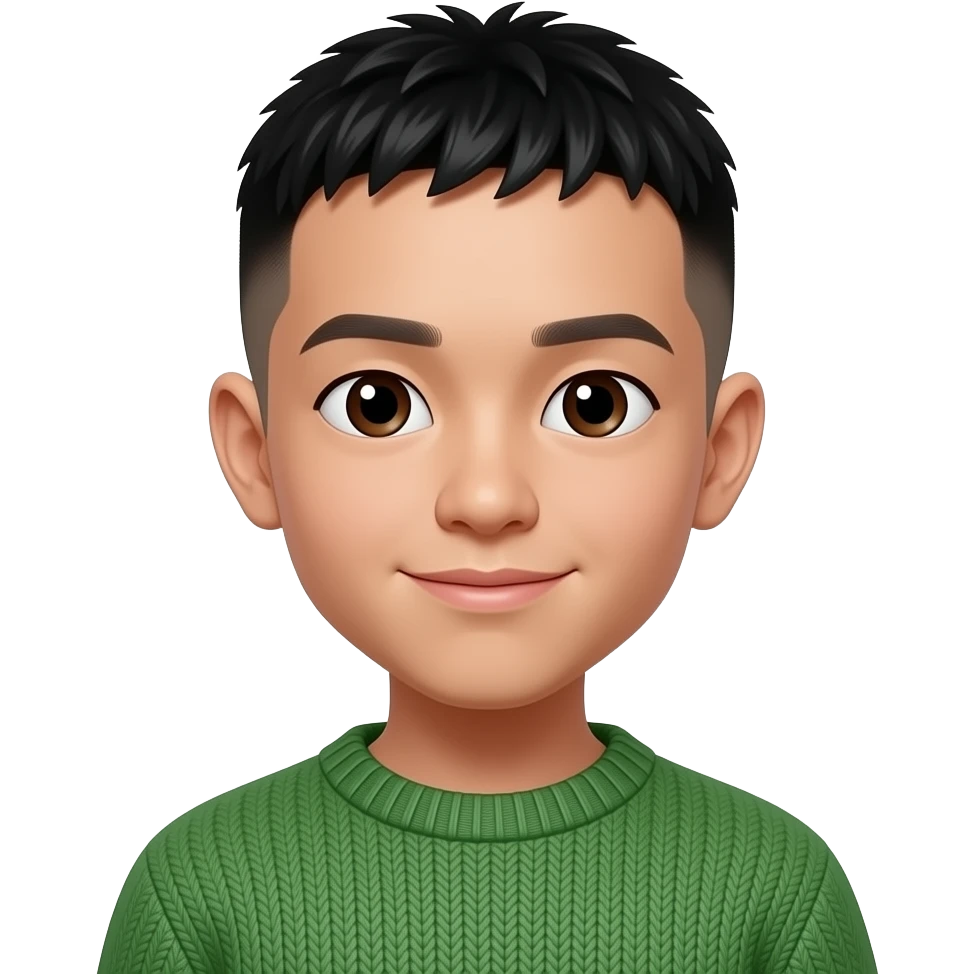 Half body emoji of an Asian boy with shaved hair and black forelock, dark brown eyes, in green sweater emoji