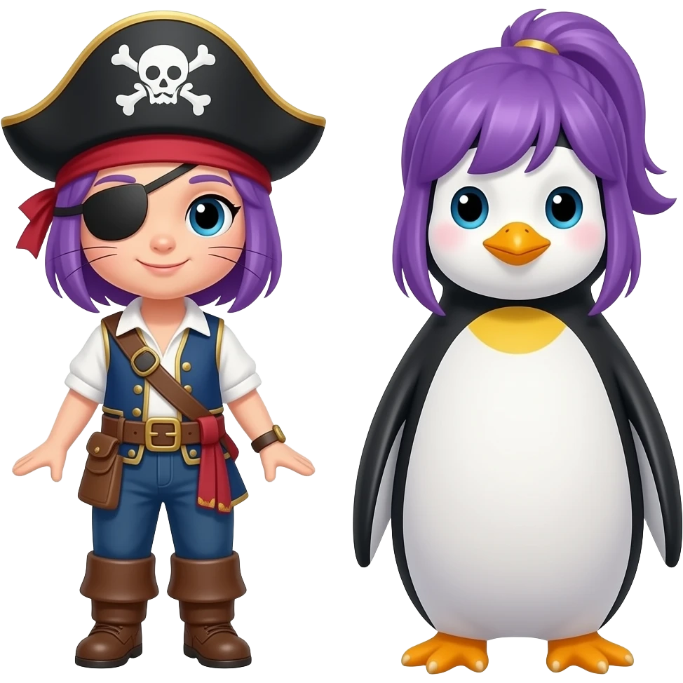 crea un piratal, un gato, una chica morada y un pinguino emoji