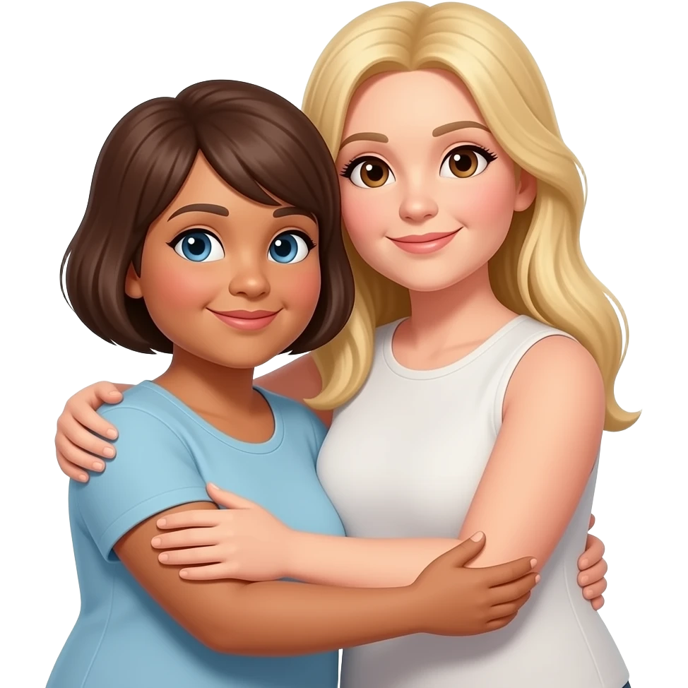 2 middle aged heavier women, long blond hair, one blue eye 1 brown, both white, short one has a tan, 1 short 1 tall hug emoji