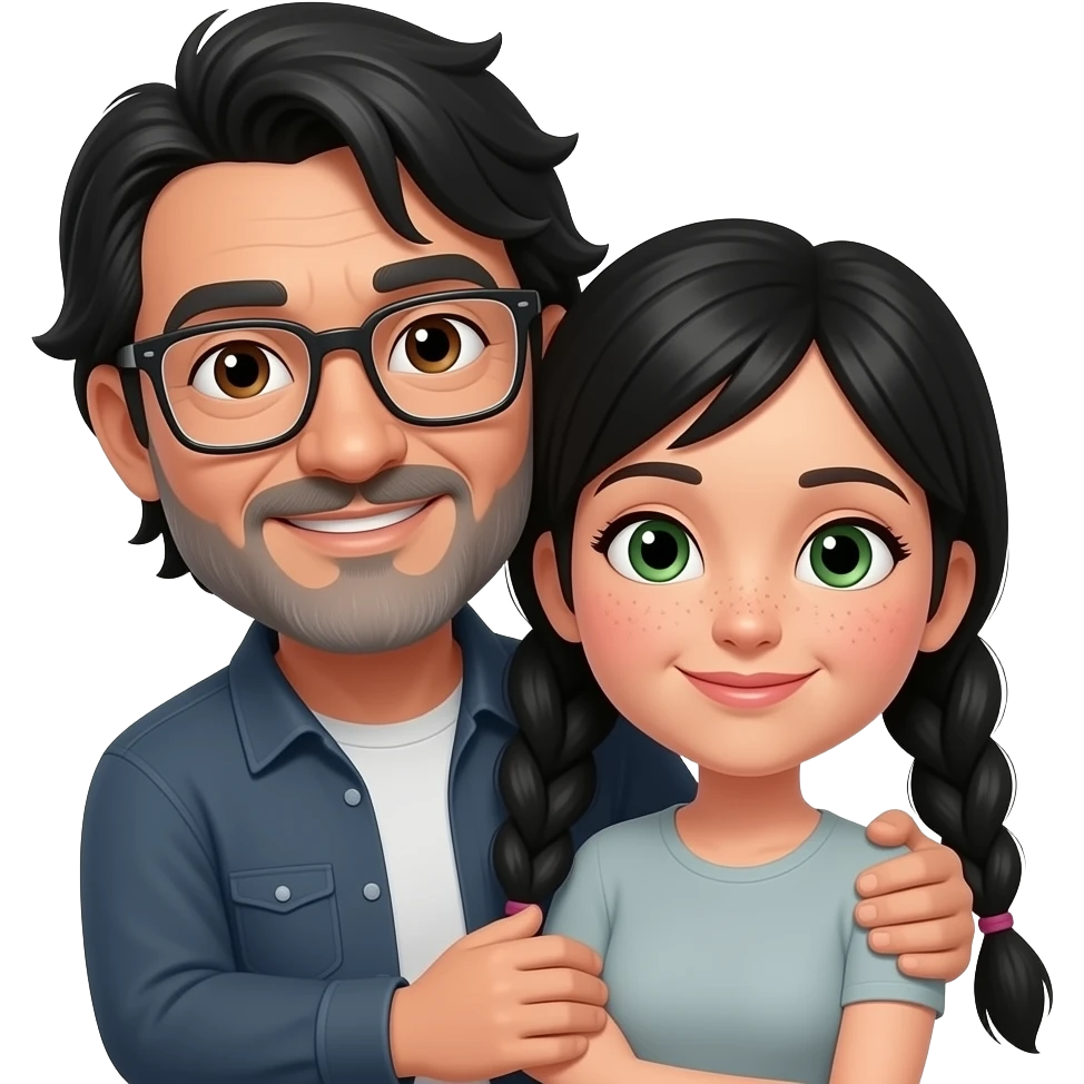 Black haired middle aged guy with floppy straight hair bangs to one side, brown eyes, olive skin, gray beard and clear colored rim squared glasses tightly hugging a black hair middle age woman with long pigtails, rosy cheeks, nose freckles, and  green eyes emoji