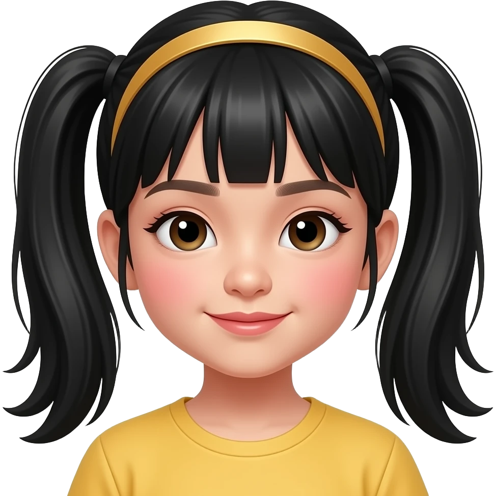 A Chinese child about 9 year old long black hair with pigtails in a golden colour headband and has make up on and make the blush visual emoji