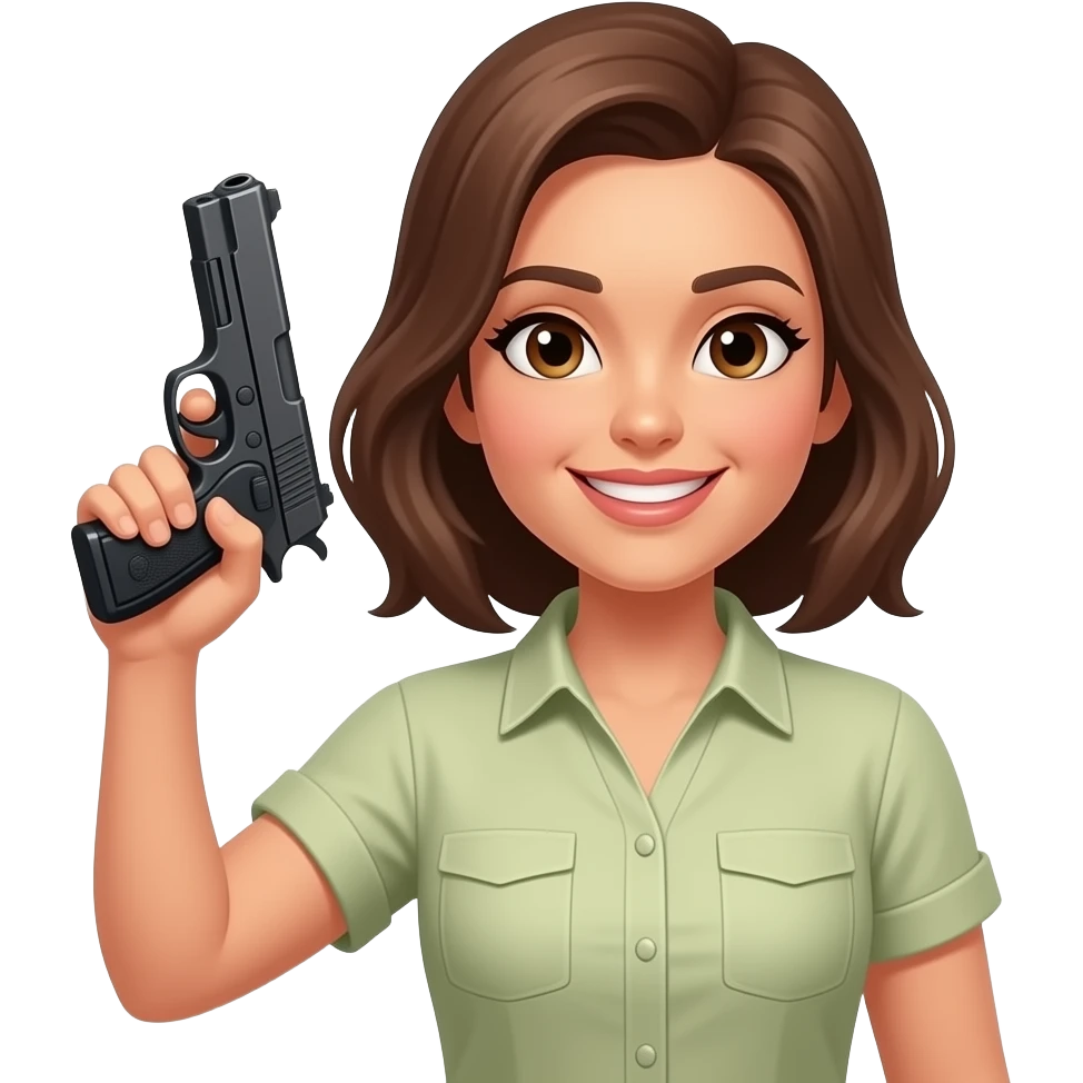 yellow female with brown hair short sleeve shirt emoji 👩🏽 smile 😃 with holding 🔫 to side of head emoji