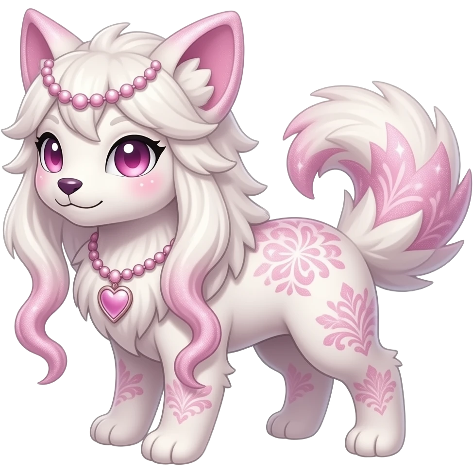 Fuzzy feathery long-haired beaded mane cozy rosy aesthetic Rosy beautiful gorgeous pretty Petite shiny glossy sparkly romantic pastel damask Absol-Sylveon-Amaura-Aurorus-Espeon-Fakemon-hybrid with heart sparkle patterns emoji