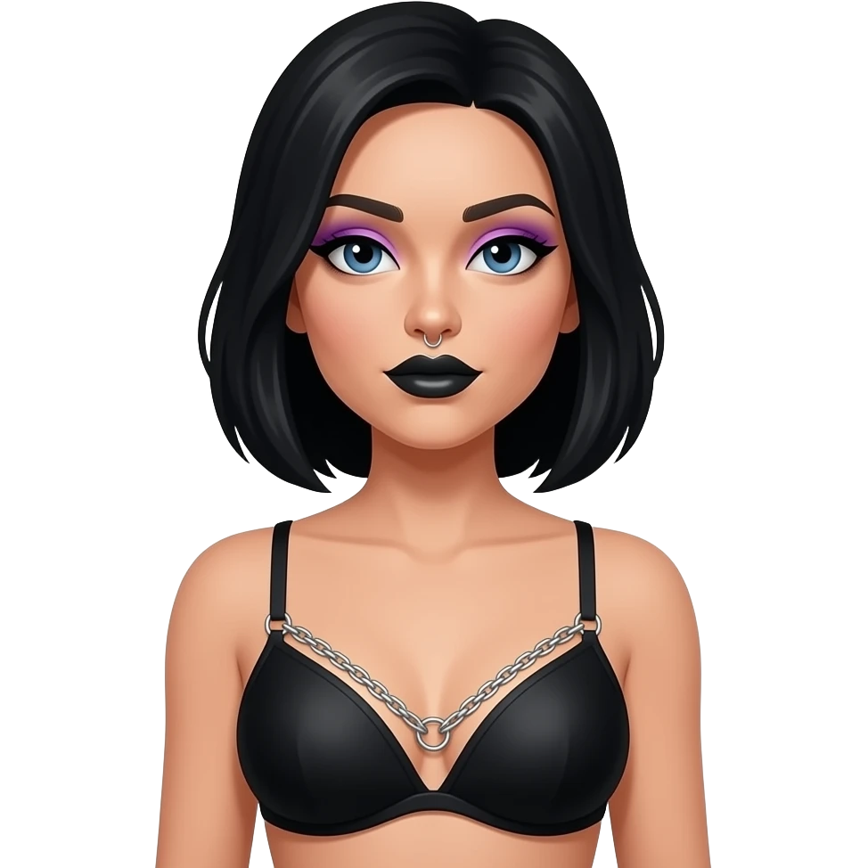 Woman nose piercing with black hair and  blue eyes and black lipstick and purple eye shadow wearing a black bra and chains that form V in the middle of the bra emoji