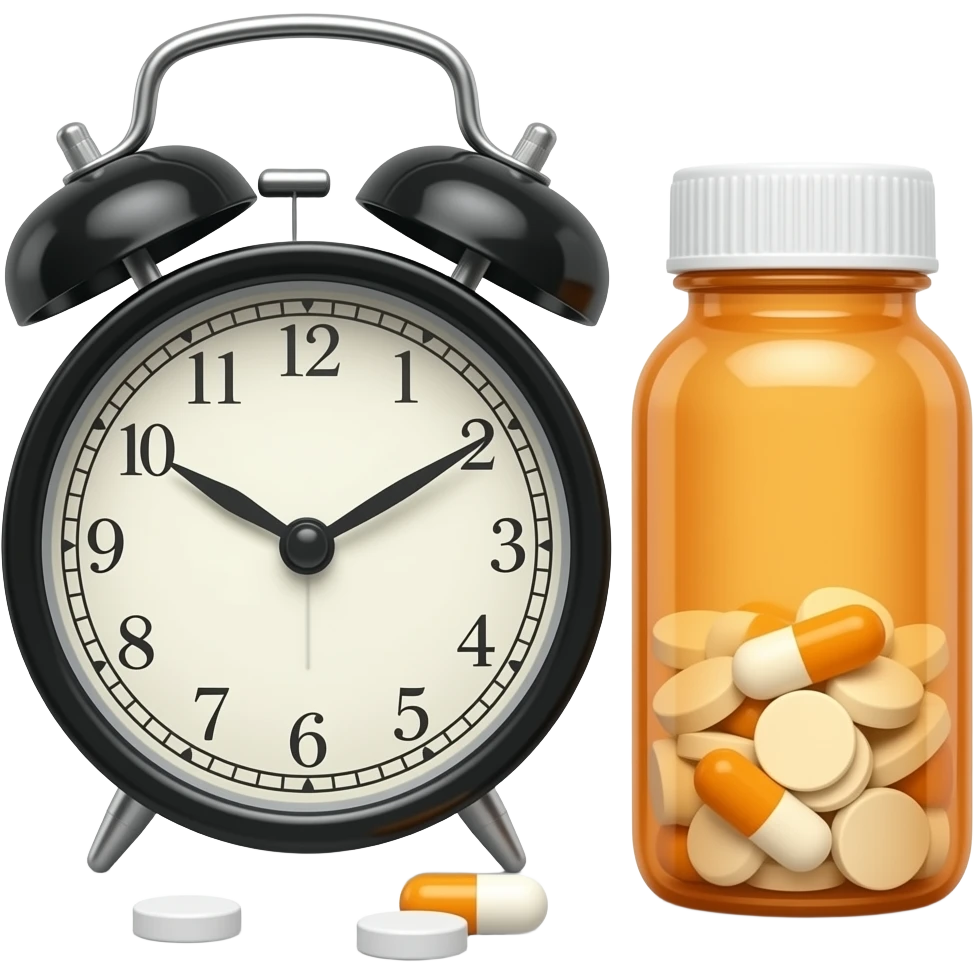 A alarm clock and a nearby orange clear bottle of pills with the white cap off emoji