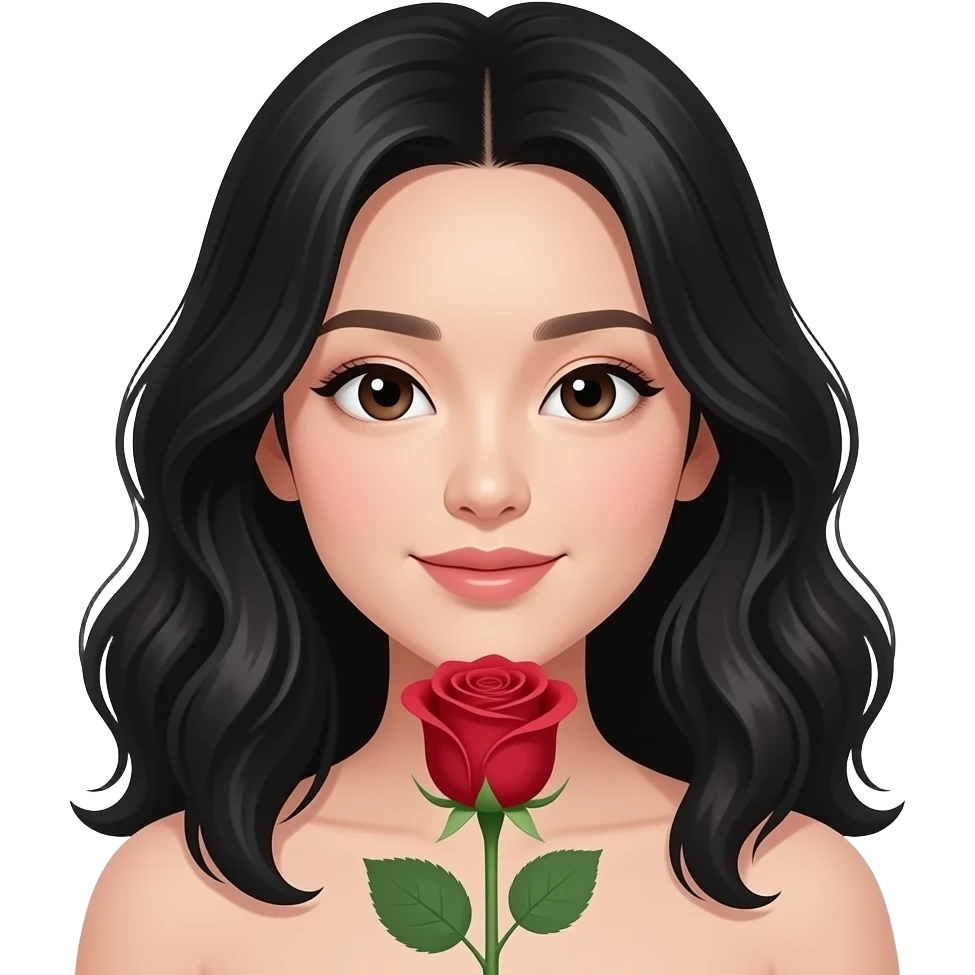 Mujer asiática recibiendo una rosa, que la chica sea piel muy clara, cabello ondulado y negro y con ojos asiáticos emoji