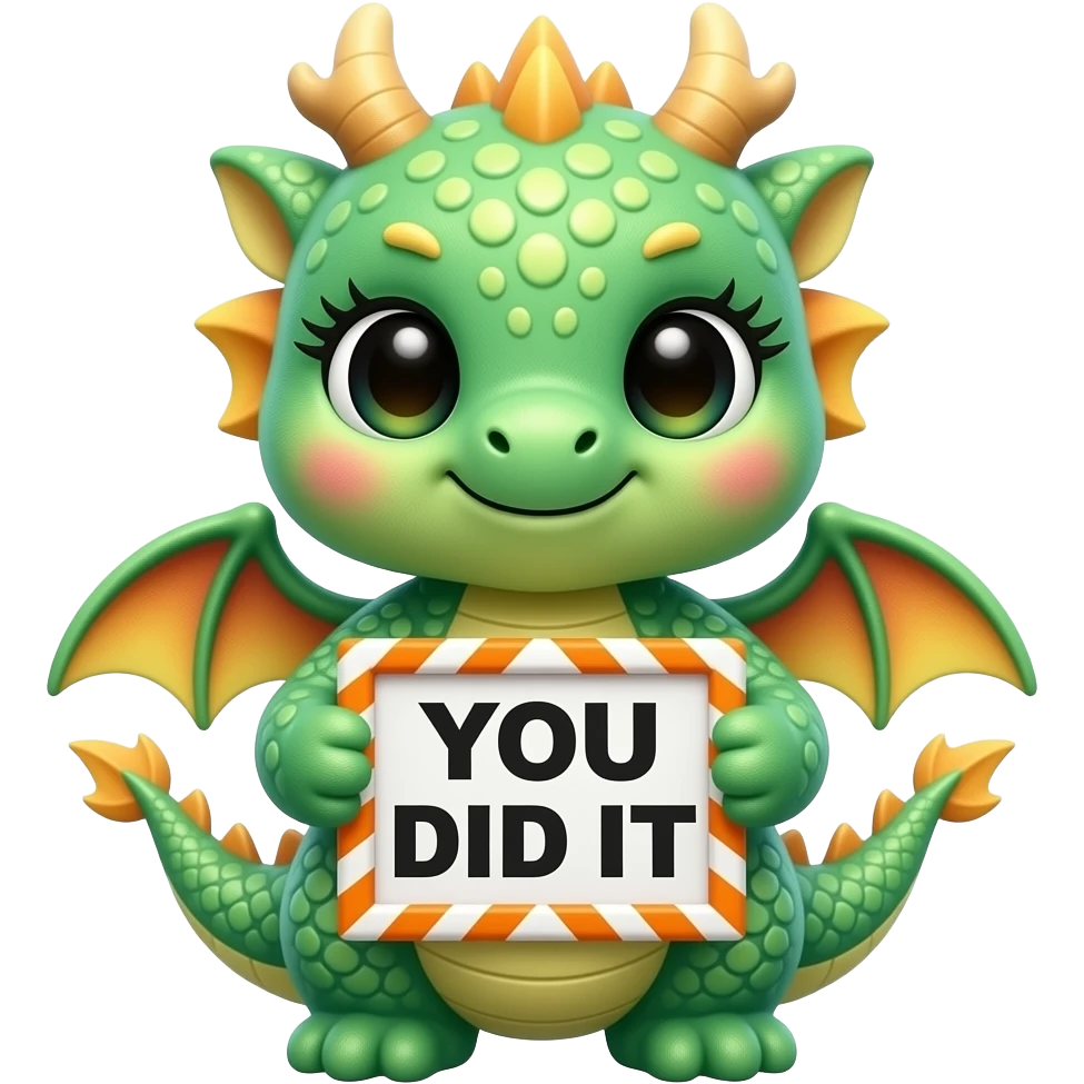 Create a super cute stuffed kawaii green and yellow gradient Animal which Looks Like a Dragon with big eyes and long eyelashes holding a orange zig zag frame sign with in front of its chest that says in bold black font "YOU DID IT" emoji