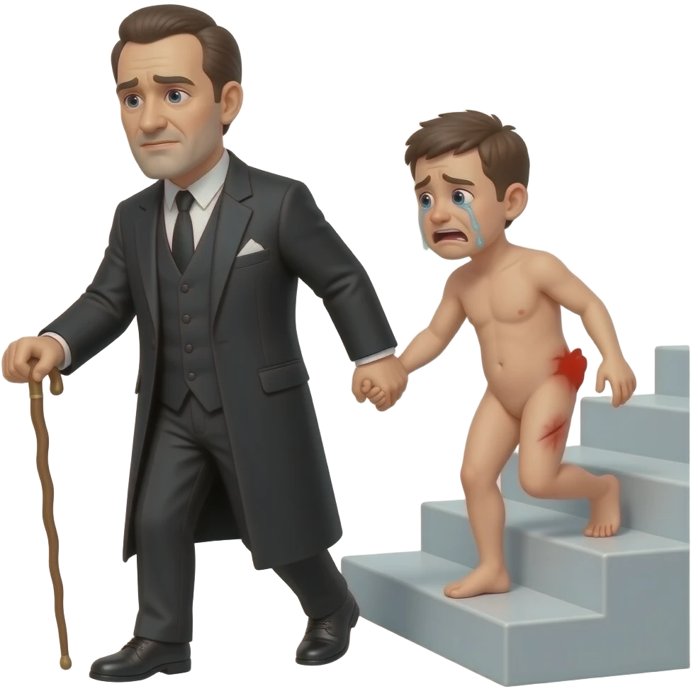 A stern clothed man with a thin whippy cane is leading by the hand and dragging a reluctant, small, crying, naked man up a flight of stairs, walking up towards the top,top,by the ear, his red buttocks are very bruised. emoji
