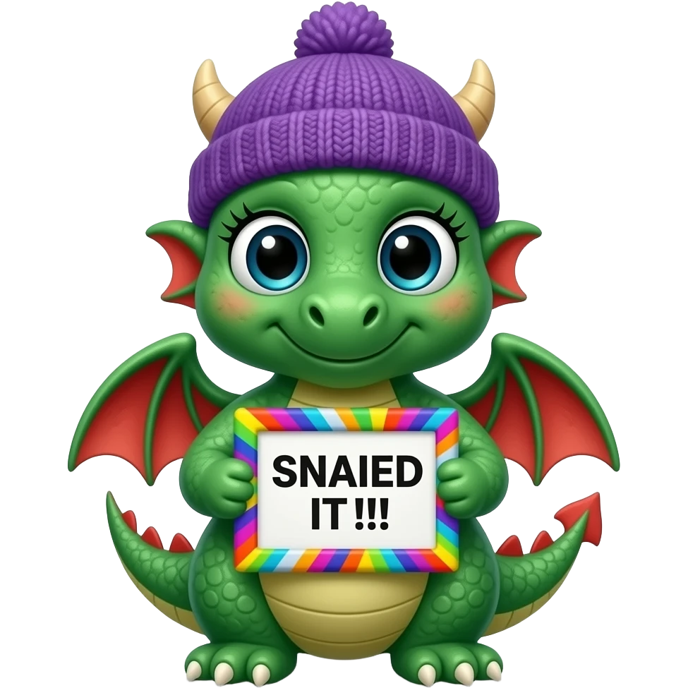 Create a super cute stuffed Animal which Looks Like a Dragon green and red gradient  facing front with big eyes and long eyelashes and with a purple winter hat holding a colorful multicolor zig zag frame sign with in front of its chest that says in a funny big black font "SNAILED IT!!!" emoji