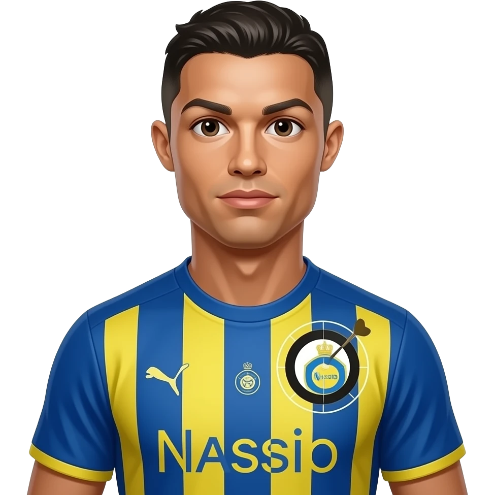 Cristiano Ronaldo, same Al Nassr jersey, centered portrait, one large semi-hidden 🎯 target on chest area, bright cartoon emoji aesthetic, no text. emoji