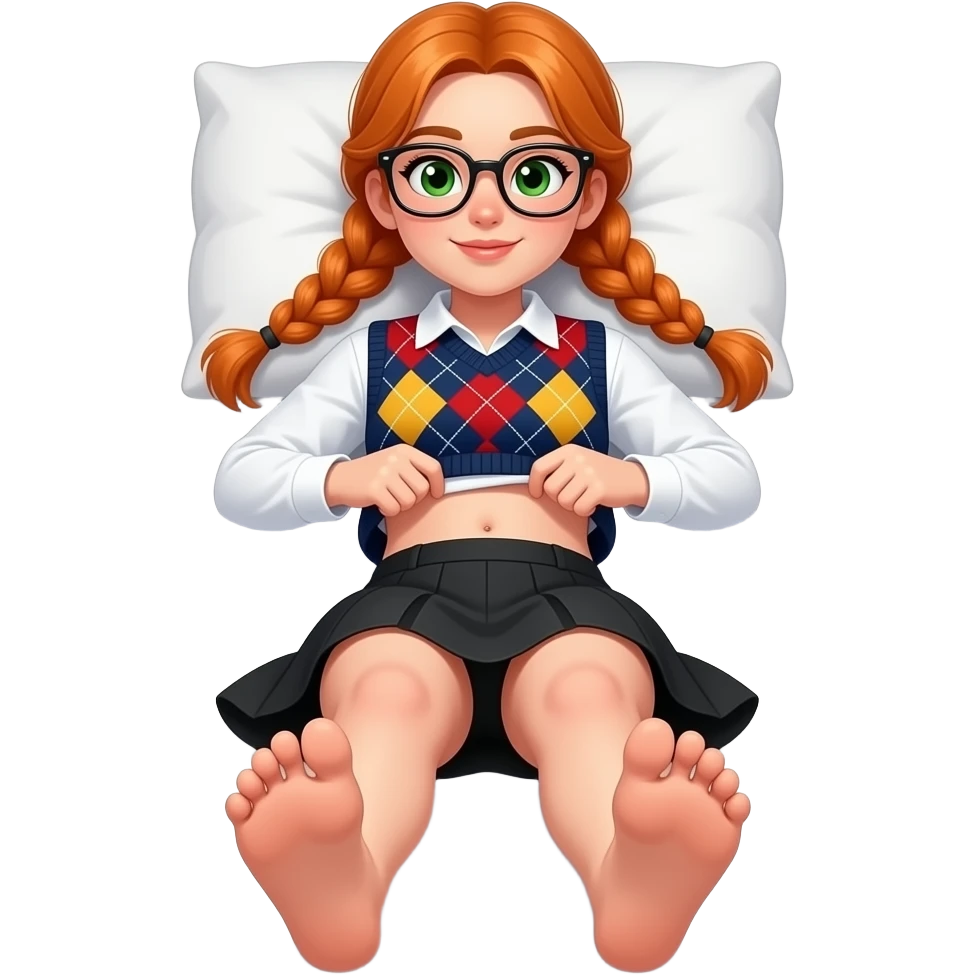 17 year old white woman green eyes orange braided pigtails rectangle glasses white long sleeved polo argyle dark blue red and yellow vest black skirt laying down on her pillow in bed lifting her shirt showing belly button showing her feet toe wiggling emoji
