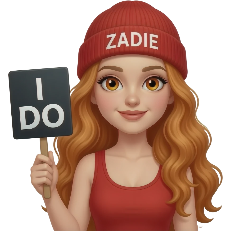 sexy girl with overlong wavy ginger hair and ginger eyes wearing a red tanktop and a red beanie with ZADIE written on it, is holding a black sign with I DO written on it emoji