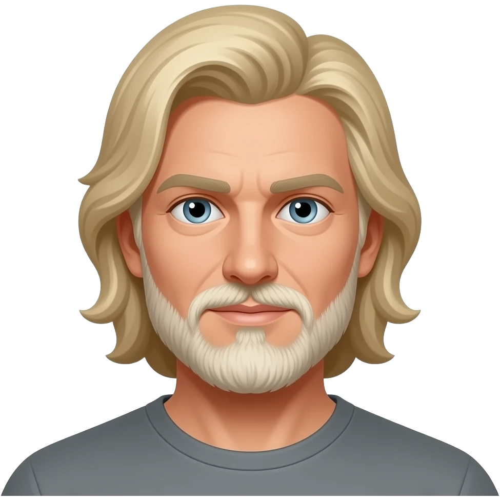 a white blonde man, grey eyes, goatee and vellus mustache, long face emoji