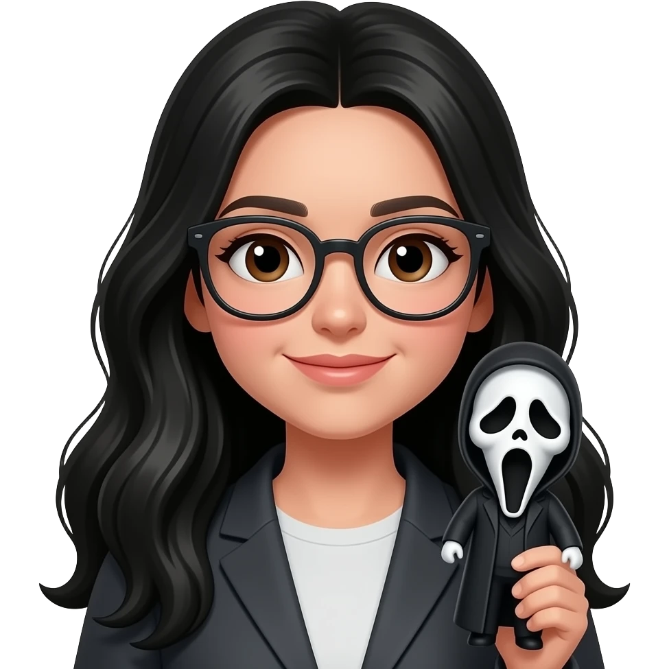 Girl with long black hair and brown eyes and glasses with Ghostface doll emoji