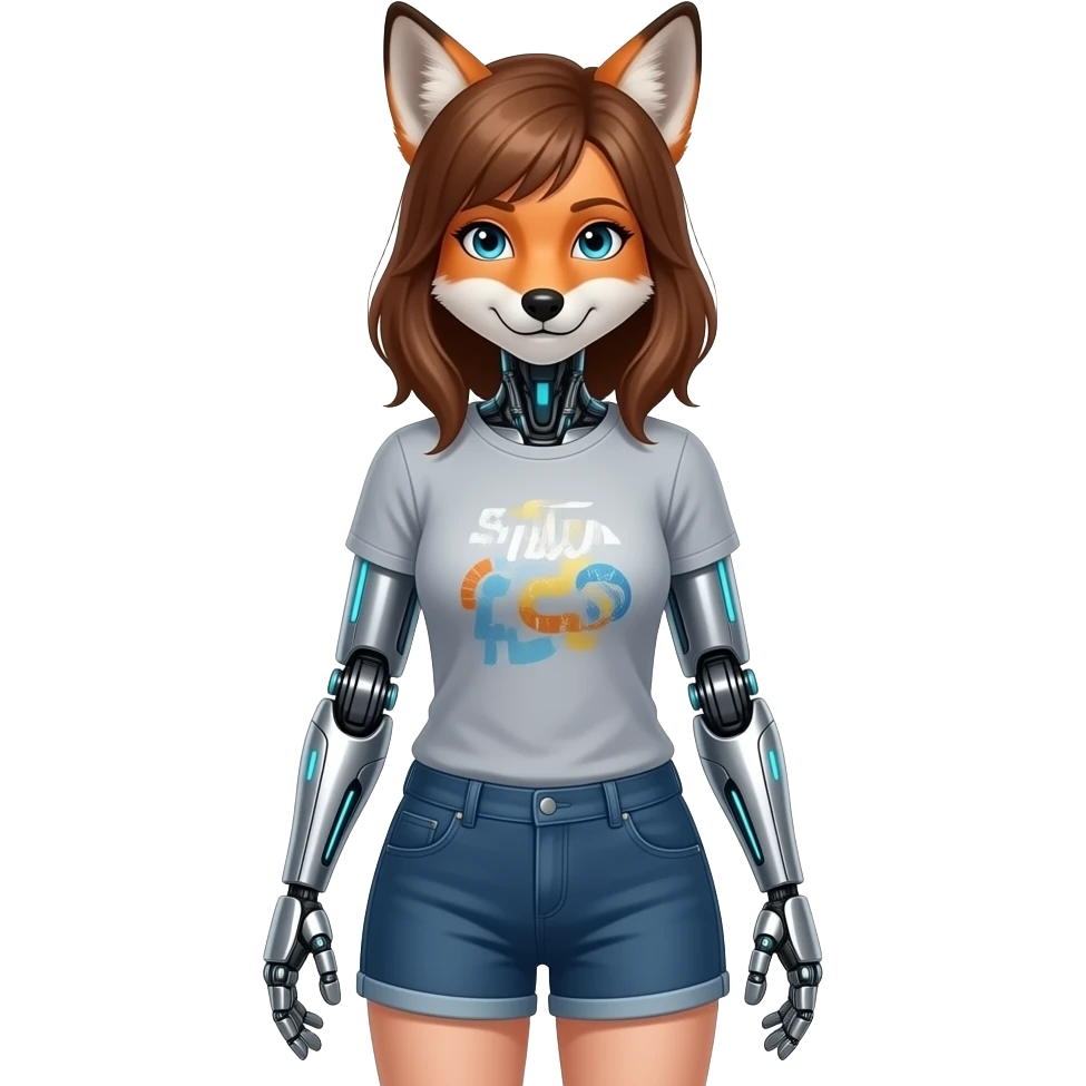 A humanoid robot female fox wearing a tee shirt and shorts emoji
