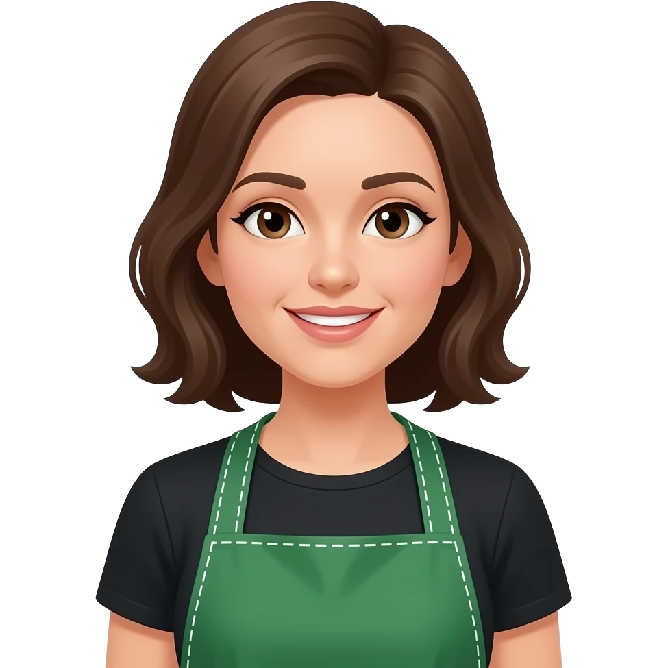 a woman with a green apron and a black top emoji