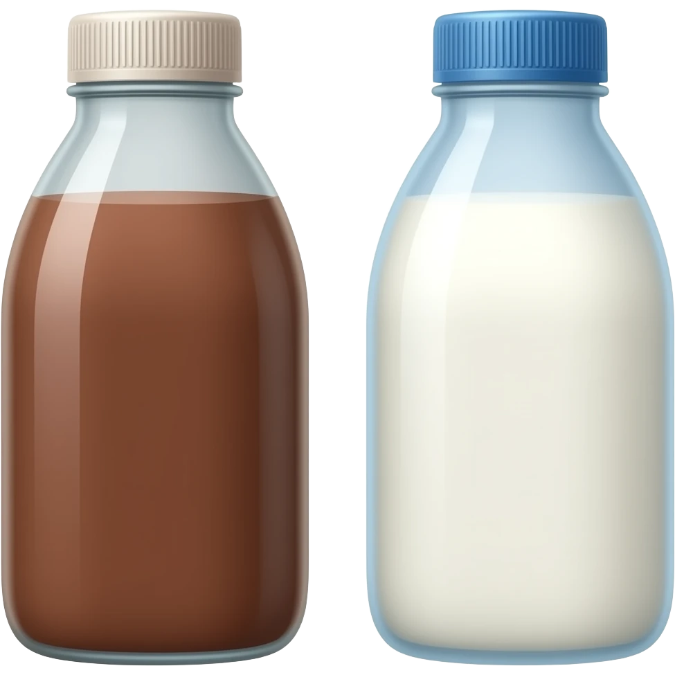 Chocolate milk in a bottle and a protein milk drink in a bottle next to each other emoji