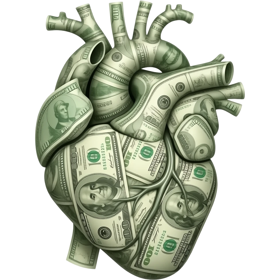 An anitomical heart made out of money emoji