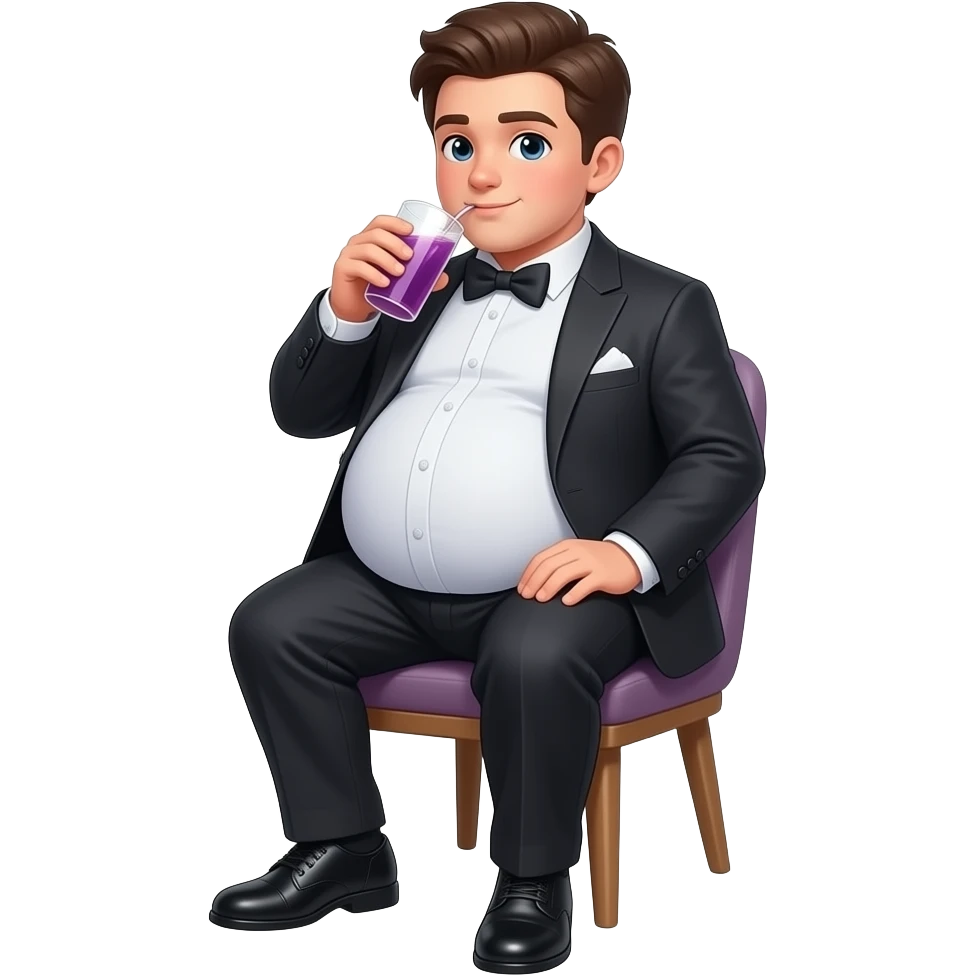 Chłopak ma 18 lat bardzo bardzo ogromnym brzucha brzuch🫄🏼 ma kształt jak ogromna piłka i brzuch jest bardzo twardy i elegancko ubrany i siedzi na krześle i pije 🟣 emoji