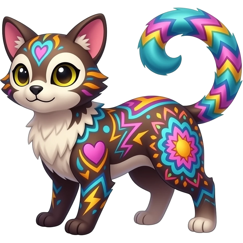 Colorful unique fantasy original shiny smooth soft flurry edgy cool Civet-Absol-Sprigatito-Vaporeon-Fakémon-hybrid with tribal chevron heart floral lightning bolt strikes damask paisley markings emoji
