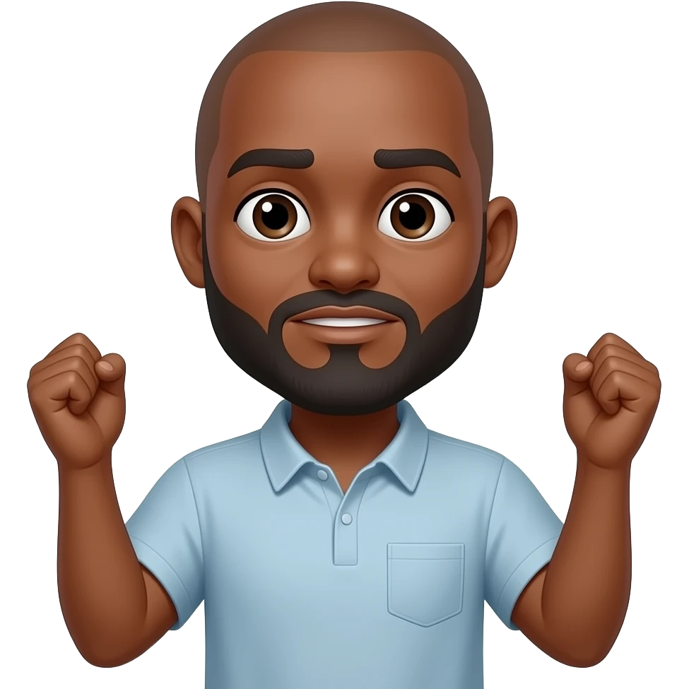 Create a lighter skinned black guy with a bald head and a beard and mustache doing the shrug emoji emoji