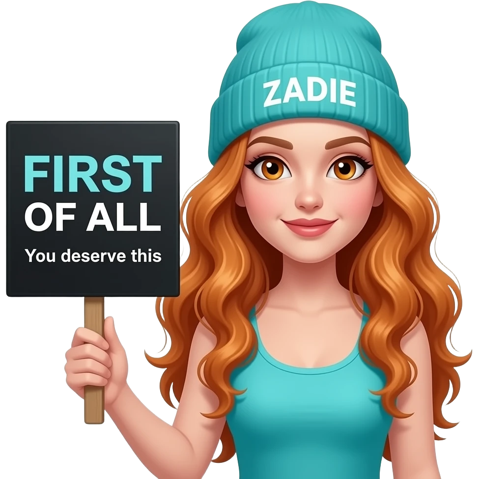 sexy girl with overlong wavy ginger hair and ginger eyes wearing a turquoise tanktop and a turquoise beanie with ZADIE written on it, is holding a black sign with FIRST OF ALL You deserve this written on it emoji