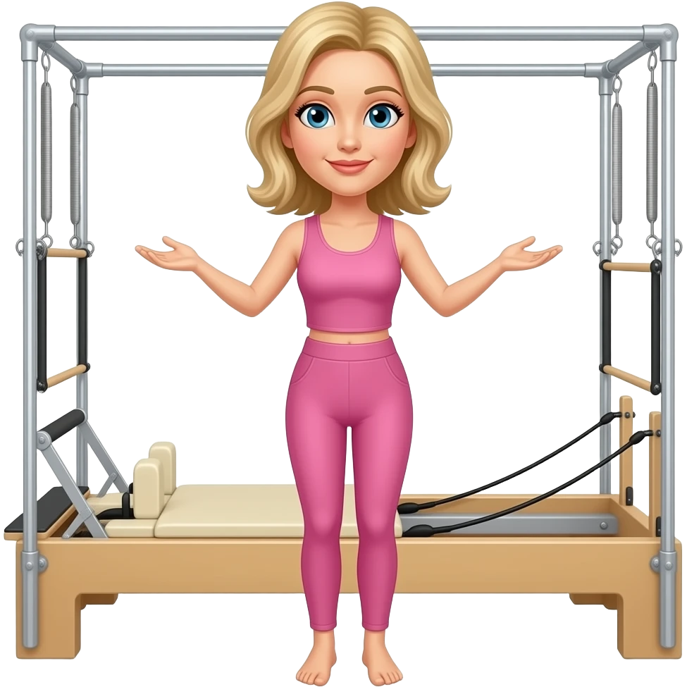 Medium length haired blonde pilates instructor teaching reformer in pink set beige reformer bed  o rails emoji